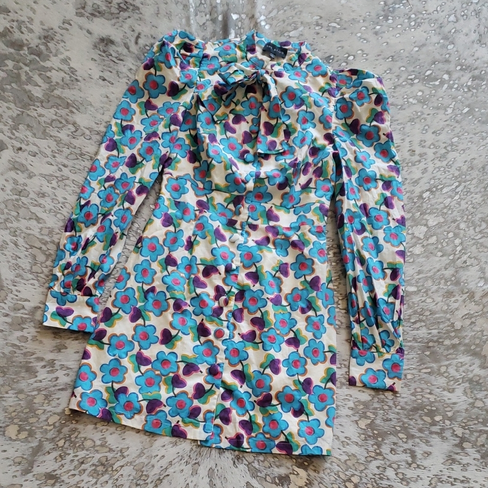The Sang Pop Art Floral Puff Sleeve Mini Dress PussyBow SzM
